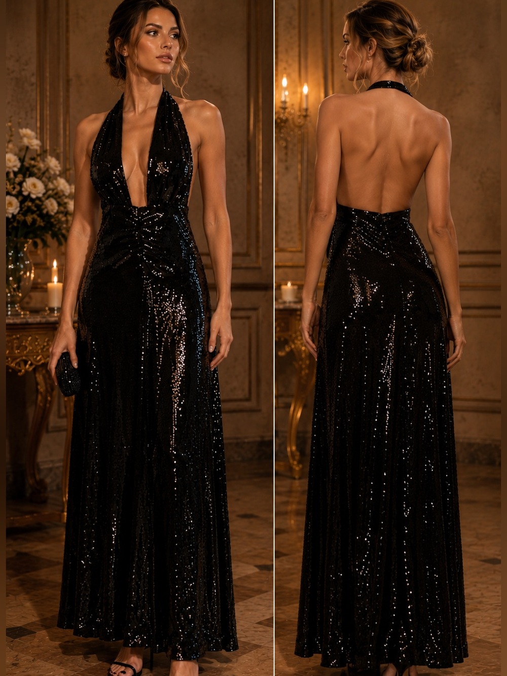 NWT WeWoreWhat (Revolve) Black Sequin Halter Backless Gown Sizes 8, 10 and 12